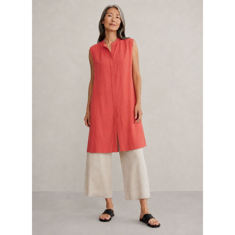 Eileen Fisher Silk Georgette Sleeveless Mandarin Collar Shift Dress Coral Size S
